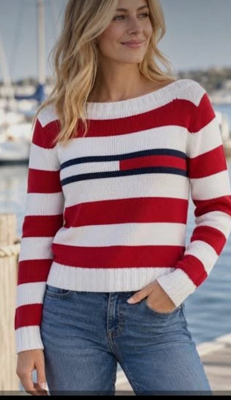 5999)Vtg 90s Tommy Hilfiger Jeans Stripe Nautical Coastal Chunky Knit Sweater L